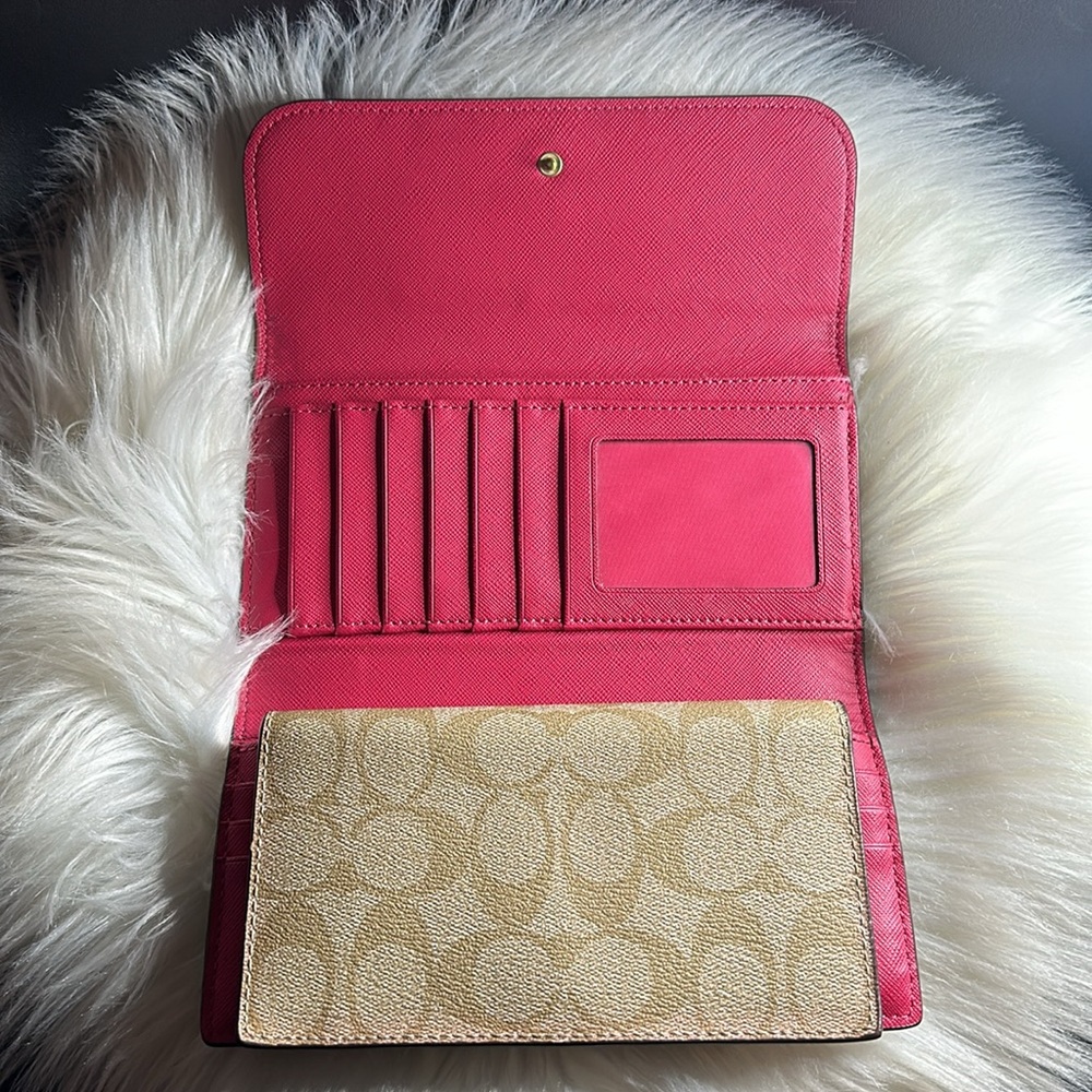 Coach Signature Coated Canvas Full Size PVC Checkbook Wallet Khaki / Pink Ruby - Picture 5 of 12